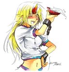  bad_id bad_pixiv_id blonde_hair closed_eyes cuffs cup drunk fang holding horn hoshiguma_yuugi long_hair midriff oni open_mouth sakazuki shackles short_sleeves solo szuinyo touhou white_background 