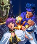  2boys arm_up bandages black_hair blue_background blue_eyes blue_hair bustier cape capelet character_request detached_collar gem hair_ornament headband holding long_hair mask matsudo_aya multiple_boys open_hand open_mouth pants pointy_ears projected_inset purple_eyes purple_hair rod rune_worth short_hair simple_background 
