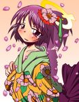  flower hidoun hieda_no_akyuu japanese_clothes kimono petals purple_hair ribbon short_hair solo touhou 