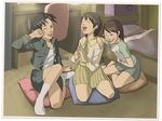  amasawa_yuuko bad_id bad_pixiv_id dennou_coil hashimoto_fumie jacket kneeling laughing multiple_girls nako_(pixiv161080) okonogi_yuuko pencil_skirt pillow raglan_sleeves skirt 