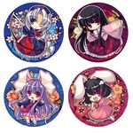  :o animal_ears black_hair blouse blush bow_(weapon) bunny_ears dress formal full_moon hat holding holding_weapon houraisan_kaguya inaba_tewi long_hair moon multiple_girls nurse_cap open_mouth pink_dress pink_skirt pleated_skirt puffy_short_sleeves puffy_sleeves purple_hair red_eyes red_skirt reisen_udongein_inaba shinia short_hair short_sleeves sidelocks silver_hair simple_background skirt striped suit tareme touhou vertical_stripes very_long_hair weapon white_background yagokoro_eirin 