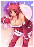  bent_over blush bonten_karasu breasts christmas cleavage dress kousaka_tamaki large_breasts long_hair mittens open_mouth red_eyes red_hair santa_costume skirt smile solo strapless strapless_dress thighhighs to_heart_2 zettai_ryouiki 