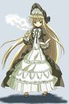  bad_id bad_pixiv_id blonde_hair book gosick gothic_lolita green_eyes holding holding_pipe hyakuen_raitaa lolita_fashion long_hair pipe smoking solo victorica_de_blois 