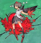  bad_id bad_pixiv_id black_hair black_wings chomoran geta hat leaf looking_away shameimaru_aya short_hair smile solo tengu-geta touhou wings 