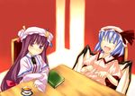  chair crescent dress hat indoors laughing long_hair long_sleeves looking_at_viewer mob_cap multiple_girls nu_(plastic_eraser) patchouli_knowledge pink_dress purple_eyes purple_hair remilia_scarlet short_hair silver_hair sitting table touhou upper_body very_long_hair 