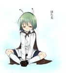  androgynous antennae butterfly_sitting cape green_hair joy_(jojoliko) kneehighs looking_down sad shirt short_hair shorts simple_background sitting solo touhou wriggle_nightbug 