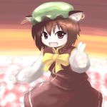  animal_ears brown_hair cat_ears chen earrings fangs finger_gun hat jewelry looking_at_viewer lowres no_nose pointing red_eyes short_hair solo touhou tsubasa_(abchipika) 