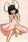  animal_ears black_hair bunny_ears carrot inaba_tewi jumping sebasu short_hair solo touhou 