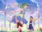  blonde_hair green_hair hat hikiyama_towa long_hair macross macross_frontier multiple_girls ranka_lee ribbon running sheryl_nome short_hair smile wind_turbine windmill 