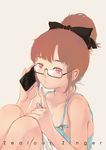  bad_id bad_pixiv_id brown_hair camisole cellphone copyright_request finger_to_mouth glasses hair_ribbon leg_hug phone pink_eyes ribbon sakamoto_himemi shushing solo 