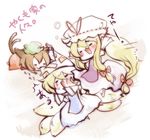  animal_ears blonde_hair cat_ears cat_tail chen chibi earrings fox_tail hat jewelry long_hair long_sleeves multiple_girls pillow_hat ribbon short_hair tail tassel touhou white_background wide_sleeves yakumo_ran yakumo_yukari yonago 