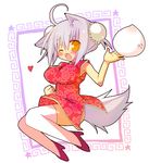  ahoge animal_ears breasts china_dress chinese_clothes copyright_request dog_ears dress heart large_breasts one_eye_closed sakurazari_hotori silver_hair solo tail thighhighs white_legwear yellow_eyes 