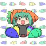  &gt;_&lt; :d artist_request blush carrot chibi closed_eyes food_as_clothes green_hair lowres macross macross_frontier microphone open_mouth ranka_lee short_hair smile solo xd 