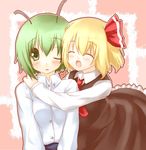  antennae blonde_hair blush bow closed_eyes dress fang green_eyes green_hair hair_bow hair_ribbon heart hiraga_matsuri hug multiple_girls necktie one_eye_closed open_mouth red_neckwear ribbon rumia touhou wriggle_nightbug 