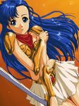  armor asou_yuuko blue_eyes blue_hair long_hair matsudo_aya midriff mugen_senshi_valis orange_background scarf skirt sword valis weapon 