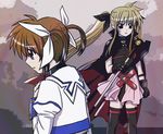  bardiche belt blonde_hair blue_eyes bow bowtie brown_hair buckle cape dress expressionless fate_testarossa from_side hachi_(hachikai) long_sleeves looking_at_viewer lyrical_nanoha magical_girl mahou_shoujo_lyrical_nanoha multiple_girls profile red_bow red_eyes red_neckwear sidelocks skin_tight takamachi_nanoha thighhighs twintails uniform white_dress 