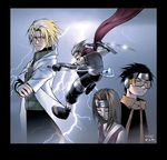  3boys anbu bandages black_hair blonde_hair bracer brown_hair forehead_protector glasses gloves hatake_kakashi katana lightning mask mike_nesbitt multiple_boys namikaze_minato naruto naruto_(series) naruto_shippuuden nohara_rin sandals sword uchiha_obito weapon 