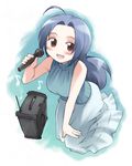  ahoge bare_shoulders blue blue_skirt blush deyuuku full_body idolmaster idolmaster_(classic) idolmaster_1 karaoke microphone miura_azusa music musical_note open_mouth red_eyes singing skirt sleeveless sleeveless_turtleneck solo turtleneck 