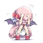  bat_wings bloomers chibi cowering ham_(points) hat hiding lowres remilia_scarlet solo squatting touhou underwear white_bloomers wings 