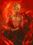  2008 alternate_costume alternate_form areolae artist_name aura blonde_hair fire fox_boy jewelry kurama_(naruto) kyuubi male_focus multiple_tails naruto naruto_(series) naruto_shippuuden necklace ninja nipples older orin red red_eyes serious solo spiked_hair stomach_tattoo tail tattoo toned uzumaki_naruto what_if whisker_markings 