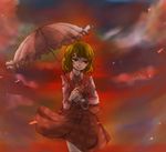  ascot bad_anatomy green_hair kazami_yuuka moko_(prismcolor) parasol plaid plaid_skirt plaid_vest ribbon short_hair skirt skirt_set solo touhou umbrella vest 