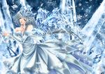  1girl blue copyright_request crown crystal dress eyes_closed hat ice ice_wings long_hair open_mouth sheiyue silver_hair snow snowflakes solo wings winter 