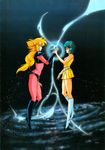  80s blonde_hair blue_hair bodysuit boots bracelet drill_hair hair_ornament hairclip highres hirano_toshihiro iczer-1 iczer_(series) jewelry kanou_nagisa knee_boots long_hair multiple_girls official_art oldschool pink_bodysuit pointy_ears short_hair space tatakae!!_iczer-1 