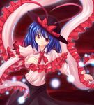  blue_hair bow capelet frills hat light_particles light_smile makino_(ukiuo) nagae_iku red_eyes solo touhou 