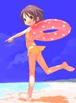  1girl barefoot beach bikini brown_eyes brown_hair child day feet innertube original pointing short_hair solo swimsuit 