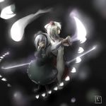  animal_ears danmaku geta highres hitodama inubashiri_momiji izumi_mogu konpaku_youmu konpaku_youmu_(ghost) multiple_girls sword tengu-geta touhou weapon white_hair wolf_ears 