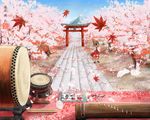  bad_id bad_pixiv_id cherry_blossoms drum hakurei_reimu instrument kazashino_miyabi koto_(instrument) leaf petals solo taiko_drum torii touhou 