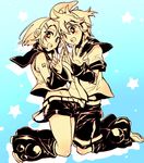  1girl bare_shoulders brother_and_sister detached_sleeves headphones kagamine_len kagamine_rin nisehoya short_hair shorts siblings twins vocaloid 