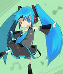  :d beamed_eighth_notes belt black_skirt blue_hair blush boots collared_shirt detached_sleeves eighth_note green_background grey_shirt hair_ornament hatsune_miku headphones inemuri_uno long_hair looking_at_viewer musical_note necktie open_mouth outstretched_arms shirt skirt smile solo spread_arms standing standing_on_one_leg twintails vocaloid 