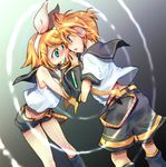  1girl bare_shoulders blonde_hair brother_and_sister detached_sleeves incest kagamine_len kagamine_rin nisehoya ribbon short_hair shorts siblings twincest twins vocaloid 