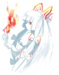  between_fingers bow burning expressionless fire fujiwara_no_mokou hair_bow hair_ribbon hands hime_cut kayako_(tdxxxk) long_hair looking_back ofuda pale_skin red_eyes ribbon simple_background solo touhou upper_body very_long_hair white_hair 