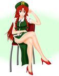  absurdres blue_eyes bow braid chair chourou crossed_legs full_body gradient gradient_background green_background hair_bow hat high_heels highres hong_meiling long_hair looking_at_viewer open_mouth red_hair shoes short_sleeves sitting smile solo star teeth touhou twin_braids very_long_hair vest 