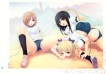  3girls black_eyes black_hair blonde_hair blush brown_eyes brown_hair fall multiple_girls open_mouth short_hair source_request sport_uniform spread_legs twintails yellow_eyes 