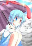  absurdres blue_eyes blue_hair blue_sky blush cloud cloudy_sky day heterochromia highres karakasa_obake long_tongue purple_umbrella red_eyes shirt short_hair skirt sky smile solo squatting tatara_kogasa tongue touhou umbrella vest wakagi_repa 