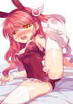  animal_ears blush breasts bunny_ears fake_animal_ears feet heart heart-shaped_pupils highres medium_breasts mvv nipples open_mouth orange_eyes original red_hair spread_legs symbol-shaped_pupils thighhighs 