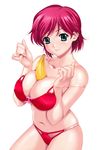  absurdres banana between_breasts bikini blue_eyes breasts cleavage food fruit happoubi_jin highres iihara_nao large_breasts looking_at_viewer navel o-ring o-ring_bottom o-ring_top pink_hair resort_boin sexually_suggestive shiny shiny_skin short_hair simple_background skindentation smile solo strap_slip swimsuit white_background 