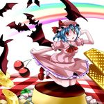  arm_up ascot banana bat bat_wings blue_hair blush bobby_socks brooch checkered checkered_floor cherry dress flying food fruit hat jewelry leaf legs_up lilish looking_at_viewer open_mouth pink_dress plate platform_footwear pudding rainbow red_eyes remilia_scarlet short_hair skirt_hold socks solo touhou wafer whipped_cream white_background wings 