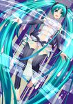  absurdres aqua_eyes aqua_hair barefoot bridal_gauntlets center_opening elbow_gloves fingerless_gloves gloves hatsune_miku hatsune_miku_(append) highres holographic_interface long_hair nail_polish navel necktie open_mouth pon_(pompokopon) smile solo thighhighs toenail_polish twintails very_long_hair vocaloid vocaloid_append 