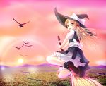  apron bird blonde_hair bloomers braid broom broom_riding cyoppu flying forest hair_ribbon hat hat_ribbon highres kirisame_marisa lens_flare long_hair looking_back mountain nature open_mouth red_sky ribbon scenery shirt skirt skirt_set sky smile solo sun sunset touhou underwear vest waist_apron witch witch_hat yellow_eyes 