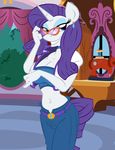  anthro anthrofied belt blue_eyes breasts cleavage clothed clothing ear_piercing equine eyewear female friendship_is_magic glasses hair horn horse jeans king-cheetah long_hair mammal midriff my_little_pony navel photoshop piercing pony purple_hair rarity_(mlp) sewing_machine smile solo unicorn wolf_nanaki_(artist) 