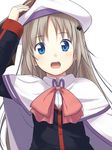  blue_eyes bow cape hand_on_headwear hat level.21 little_busters! long_hair noumi_kudryavka pink_bow school_uniform silver_hair solo 