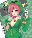  1girl blush breast_grab breasts breath cleavage creeparka creeper grabbing hair_ornament hairclip hood hoodie jewelry large_breasts minecraft necklace personification red_hair saemon_(tonpura) short_hair solo_focus tnt unzipped zipper 