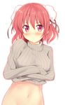  bad_id bad_pixiv_id blush bottomless bun_cover crossed_arms double_bun ibaraki_kasen looking_at_viewer madara_hio midriff naked_sweater navel out-of-frame_censoring outline pink_eyes red_hair ribbed_sweater short_hair simple_background solo sweatdrop sweater touhou upper_body white_background 