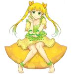  ankle_cuffs anklet barefoot blonde_hair breasts c.c._lemon c.c._lemon_(character) can can_to_cheek cleavage feet finger_painting food fruit full_body gradient_hair green_eyes green_hair hair_ornament jewelry komase_(jkp423) lemon long_hair medium_breasts multicolored_hair simple_background sitting smile solo twintails white_background 