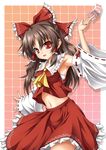  arm_up armpits bandages between_fingers bow brown_hair detached_sleeves hair_bow hair_tubes hakurei_reimu highres long_hair looking_at_viewer midriff navel ofuda open_mouth red_eyes roura shirt simple_background skirt skirt_set smile solo touhou 