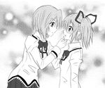  bad_id bad_nicoseiga_id banned_artist blush eye_contact gonzaburou greyscale hair_ribbon hand_on_another's_chin kaname_madoka looking_at_another mahou_shoujo_madoka_magica miki_sayaka monochrome multiple_girls ribbon school_uniform short_hair short_twintails twintails yuri 